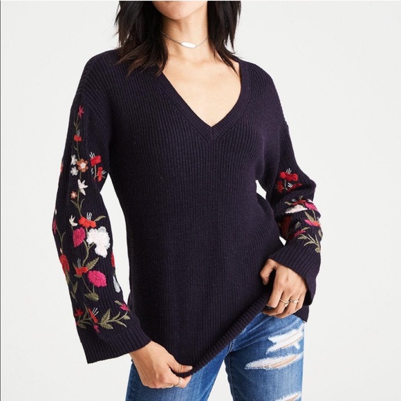 American Eagle Outfitters Sweaters - American Eagle Navy Blue Floral Sleeve Sweater